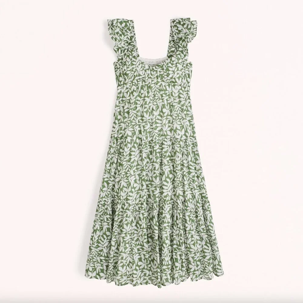 Abercrombie & Fitch | Ruffle Flutter Sleeve Sheer Maxi Dress | Green Floral - Picture 1 of 3